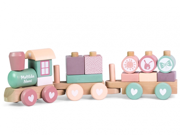 Holz-Eisenbahn Holzzug pink |mit Name und Geburtsdaten | zur Taufe / Geburtstag | personalisiert bedruckt Name