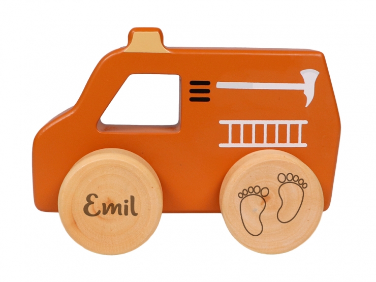 Holzspielzeug Feuerwehrauto gelasert Name mit Füßchen