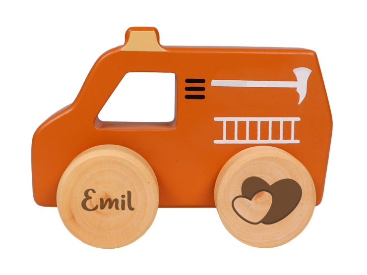 Holzspielzeug Feuerwehrauto gelasert Name mit Herz