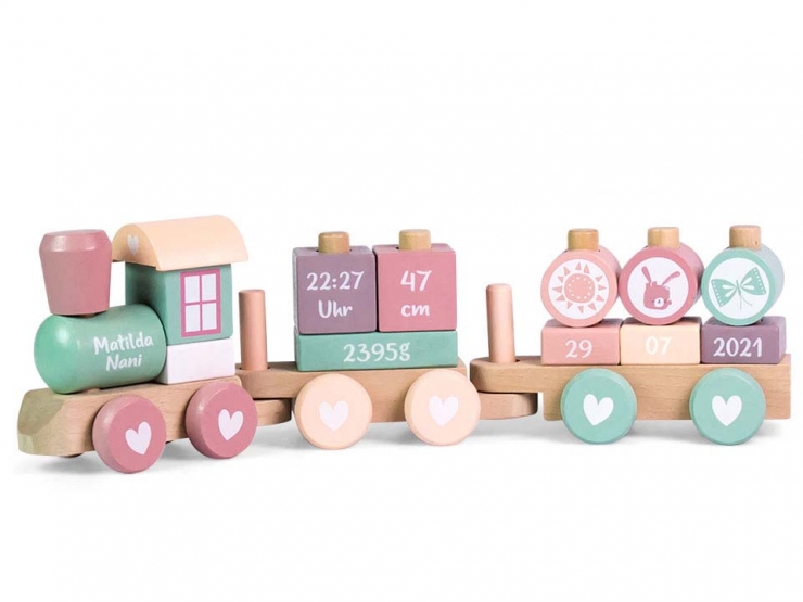 Großer Zug mit bunten Blöcken Holzspielzeug Holzzug Eisenbahn Lok Anhänger Baby 