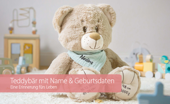 Teddybär mit Namen personalisiert Geschenk zur Geburt